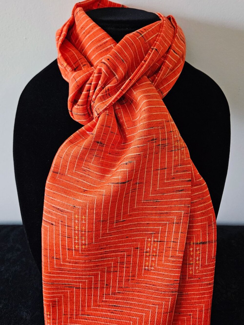 Japanese Kimono Scarf S4589 - Orange Zig Zag Kasuri Dyed Wool Blend